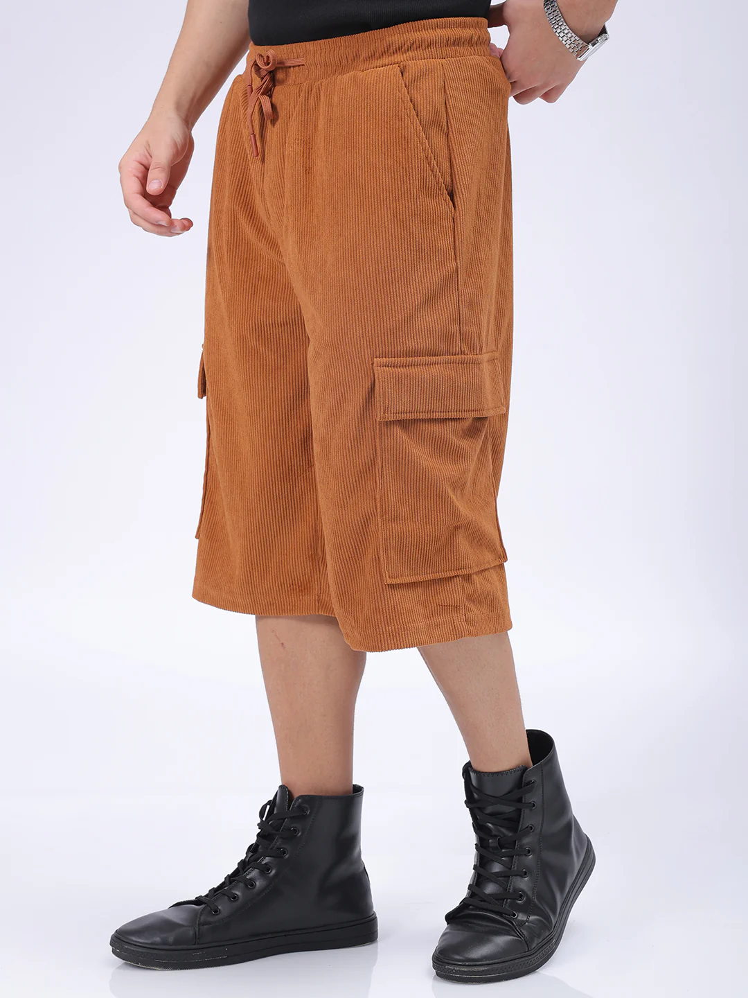 Men's Tan Loose Fit Textured Utility Shorts - Image 2