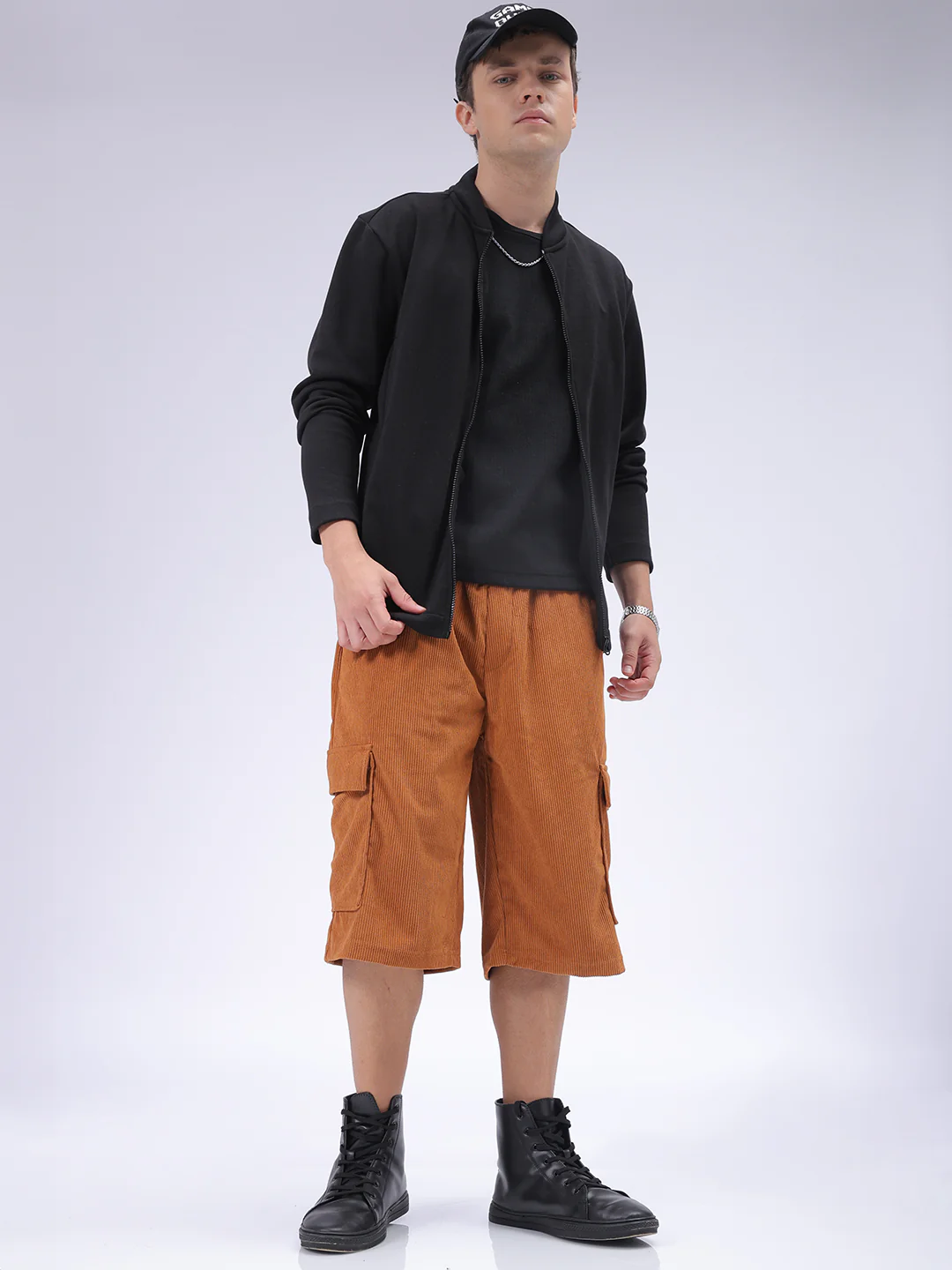 Men's Tan Loose Fit Textured Utility Shorts - Image 5