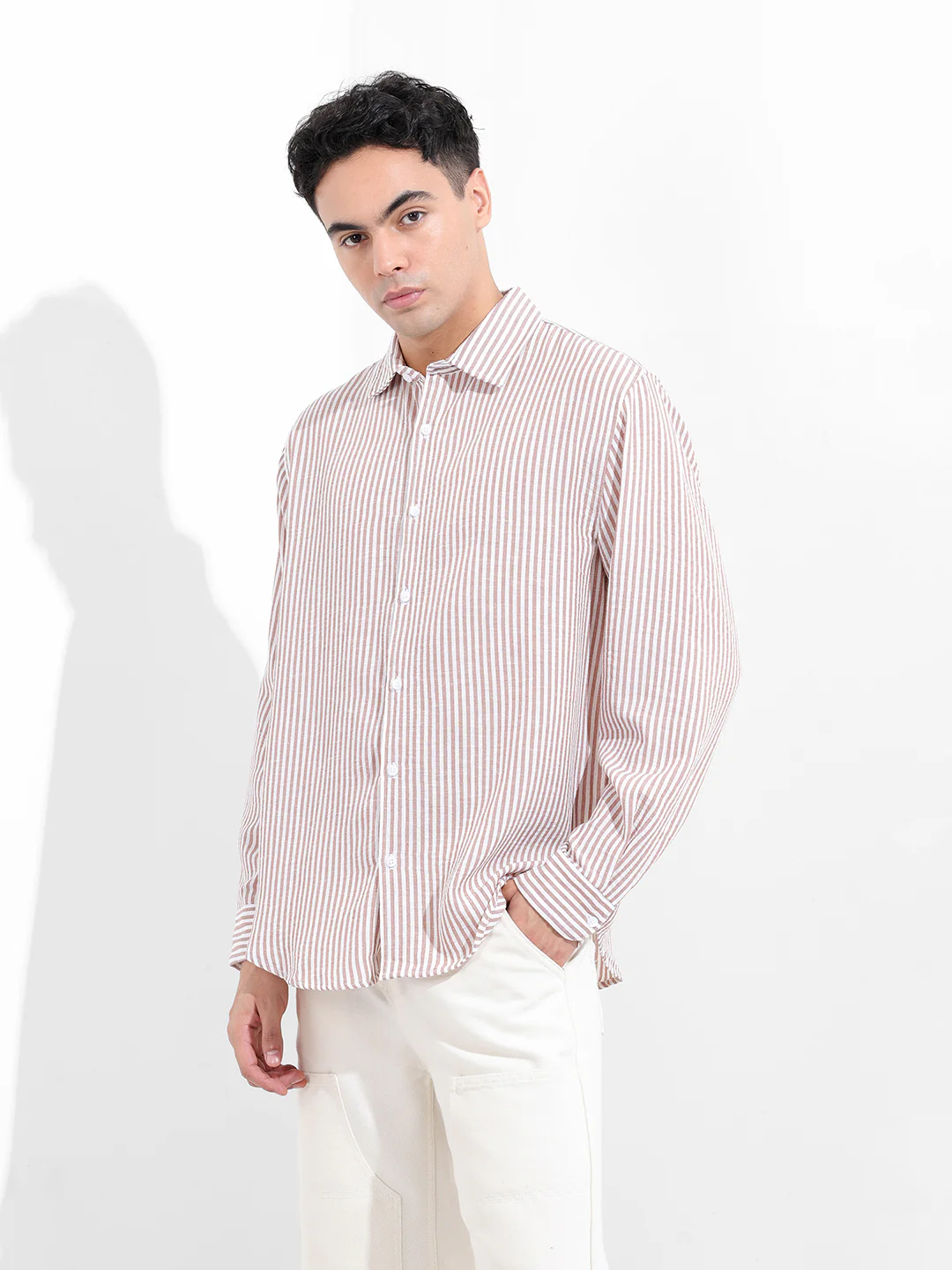 Men's Brown Relaxed Fit Striped Casual Shirt - Image 2