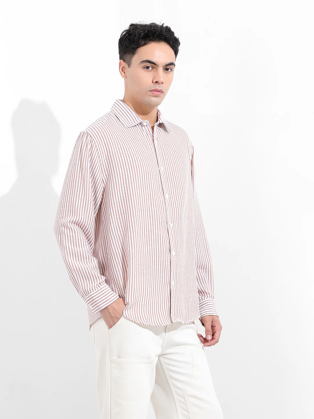 Men's Brown Relaxed Fit Striped Casual Shirt - Image 3