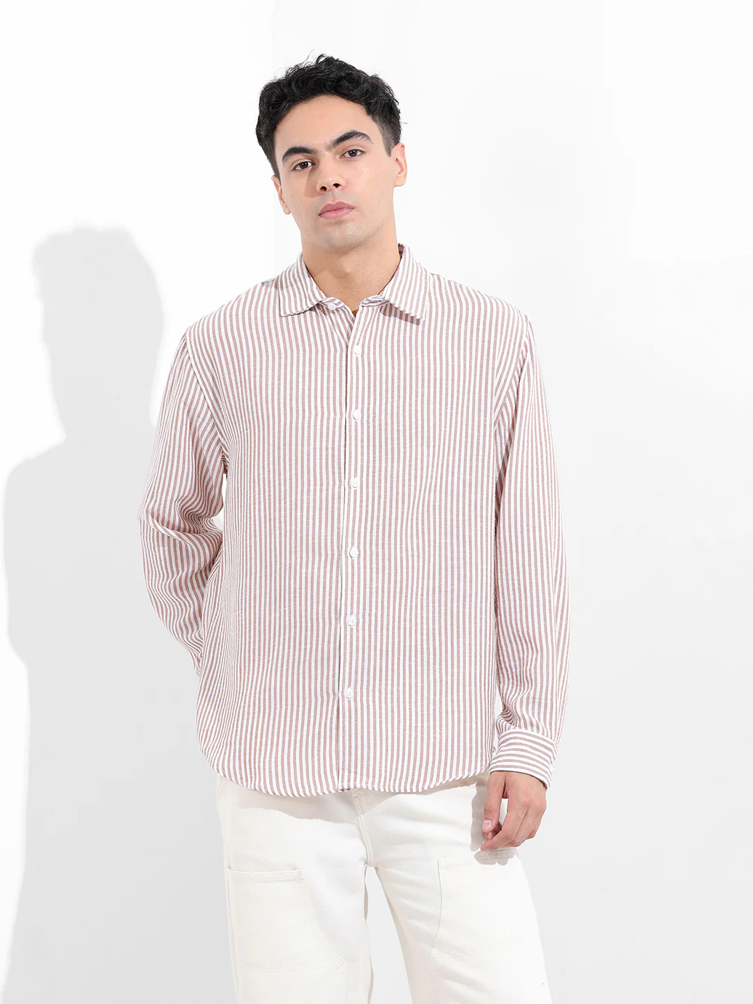 Men's Brown Relaxed Fit Striped Casual Shirt - Image 7