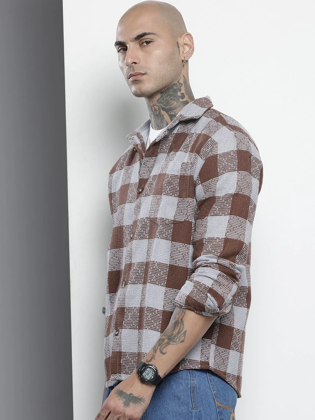 Men's Brown Relaxed Fit Checkered Textured Shirt - Image 3