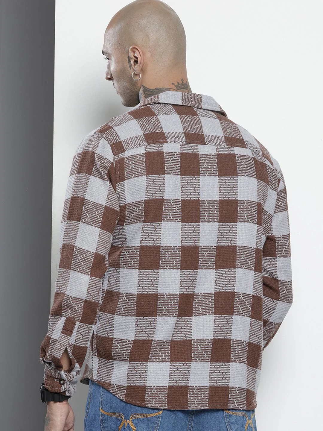Men's Brown Relaxed Fit Checkered Textured Shirt - Image 4