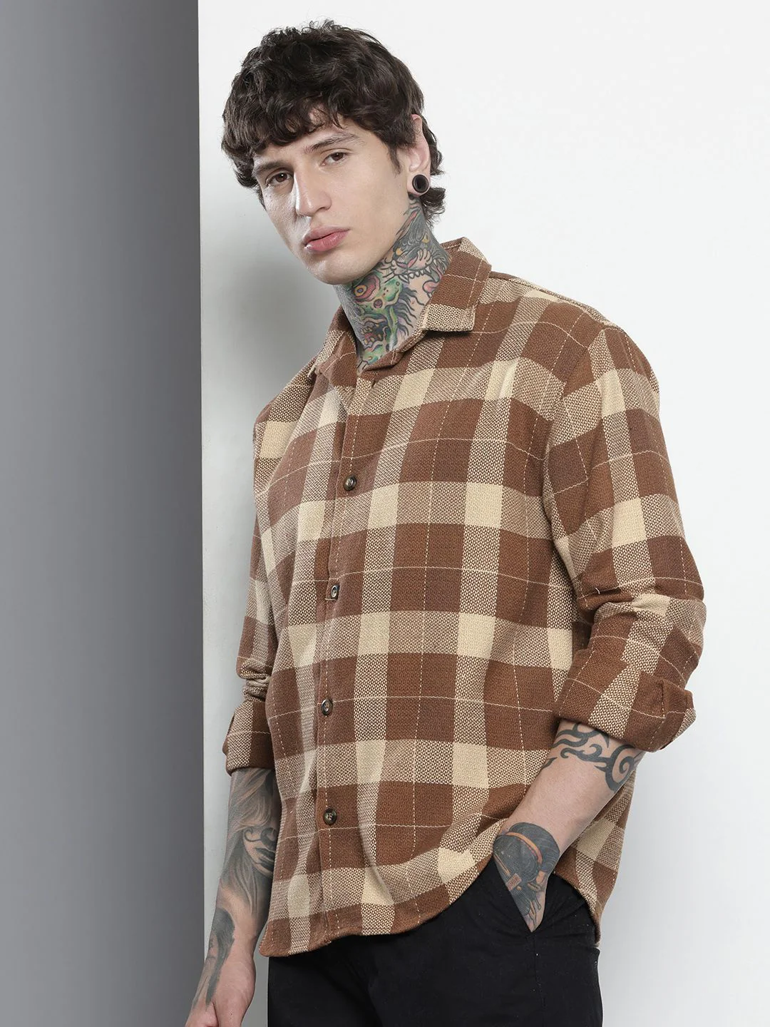 Men's Mocha Bisque Relaxed Fit Checkered Textured Shirt - Image 2