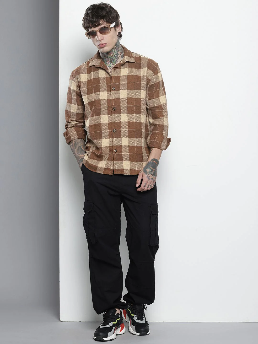 Men's Mocha Bisque Relaxed Fit Checkered Textured Shirt - Image 3