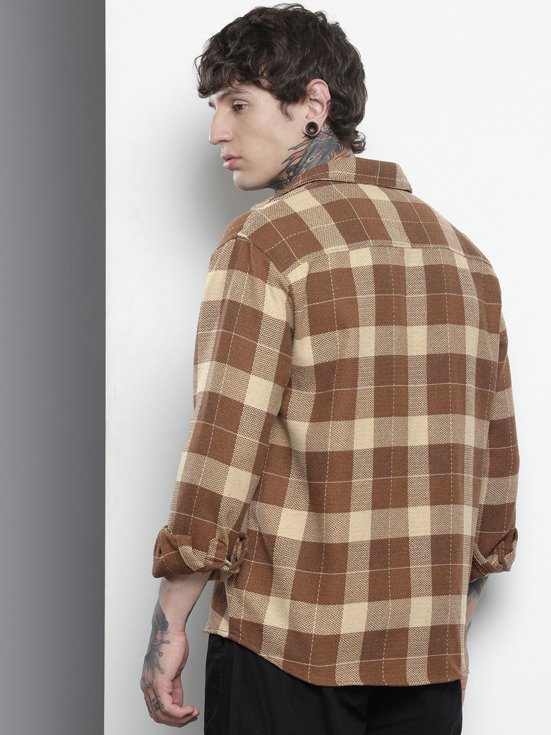 Men's Mocha Bisque Relaxed Fit Checkered Textured Shirt - Image 4
