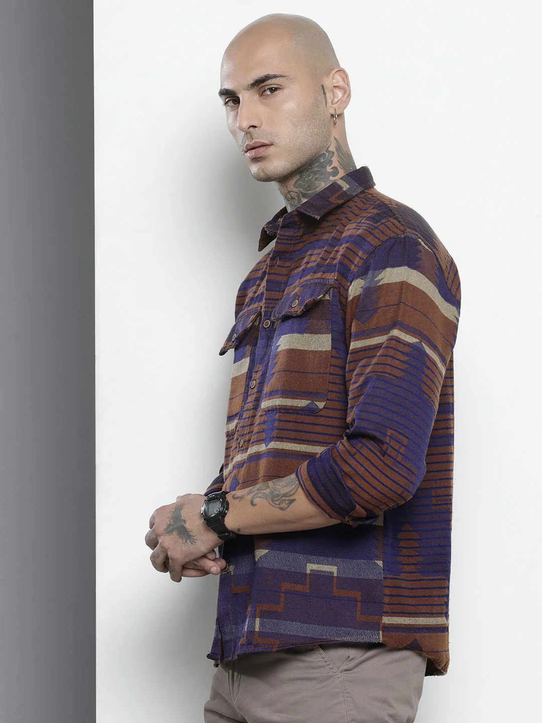 Men's Brown Relaxed Fit Geometric Print Bohemian Printed Shirt - Image 2