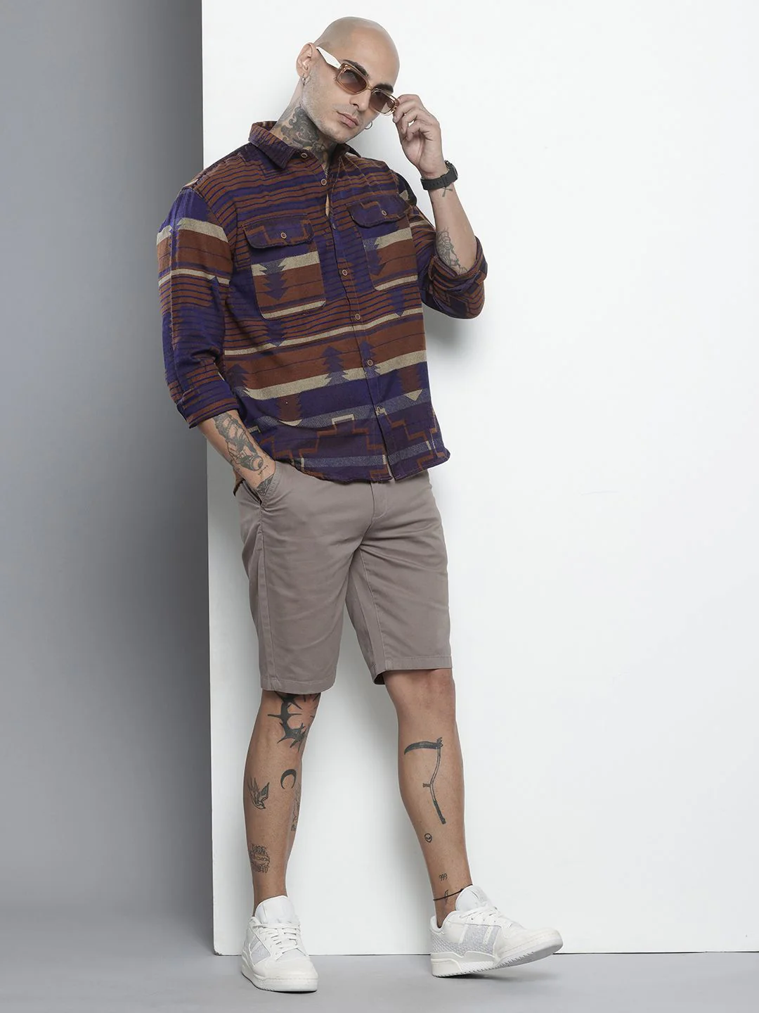 Men's Brown Relaxed Fit Geometric Print Bohemian Printed Shirt - Image 4
