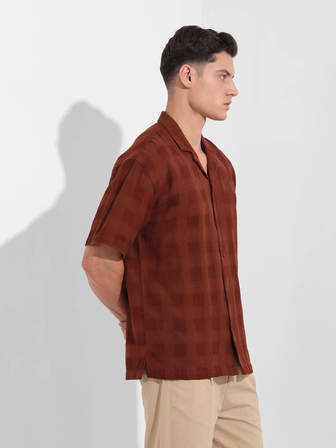 Men's Camel Relaxed Fit Textured Resort Shirt - Image 3