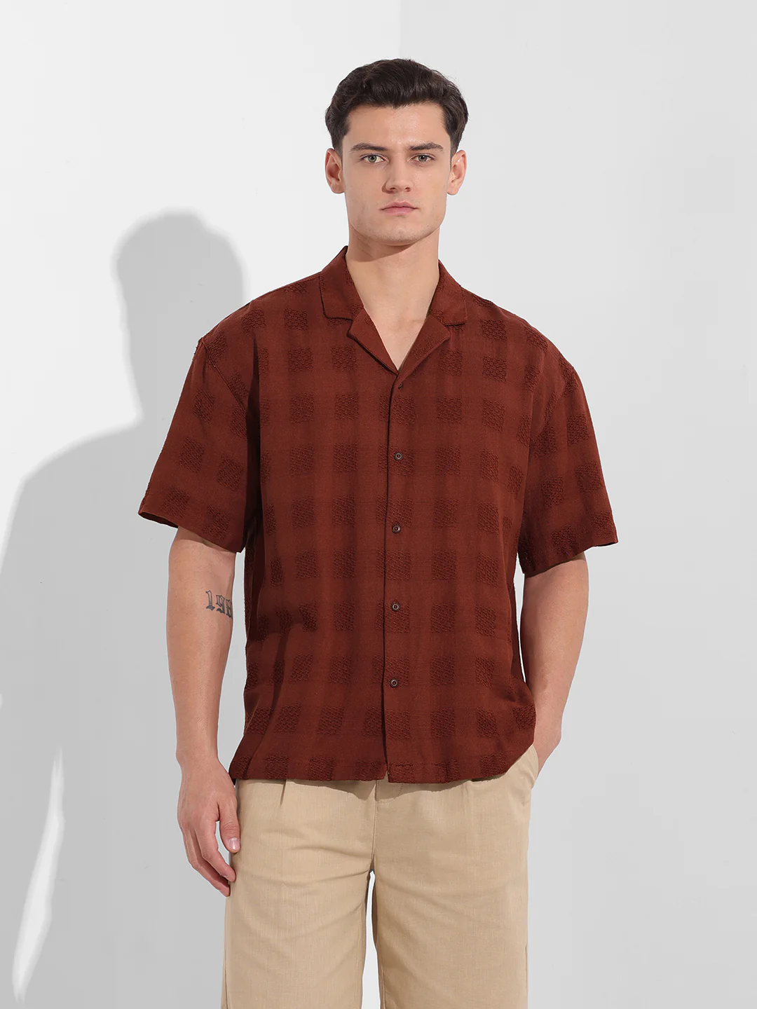 Men's Camel Relaxed Fit Textured Resort Shirt - Image 7