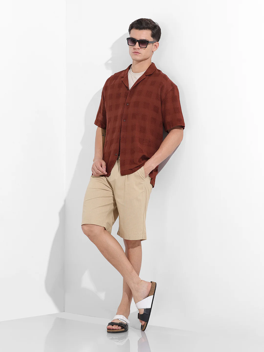 Men's Camel Relaxed Fit Textured Resort Shirt - Image 8