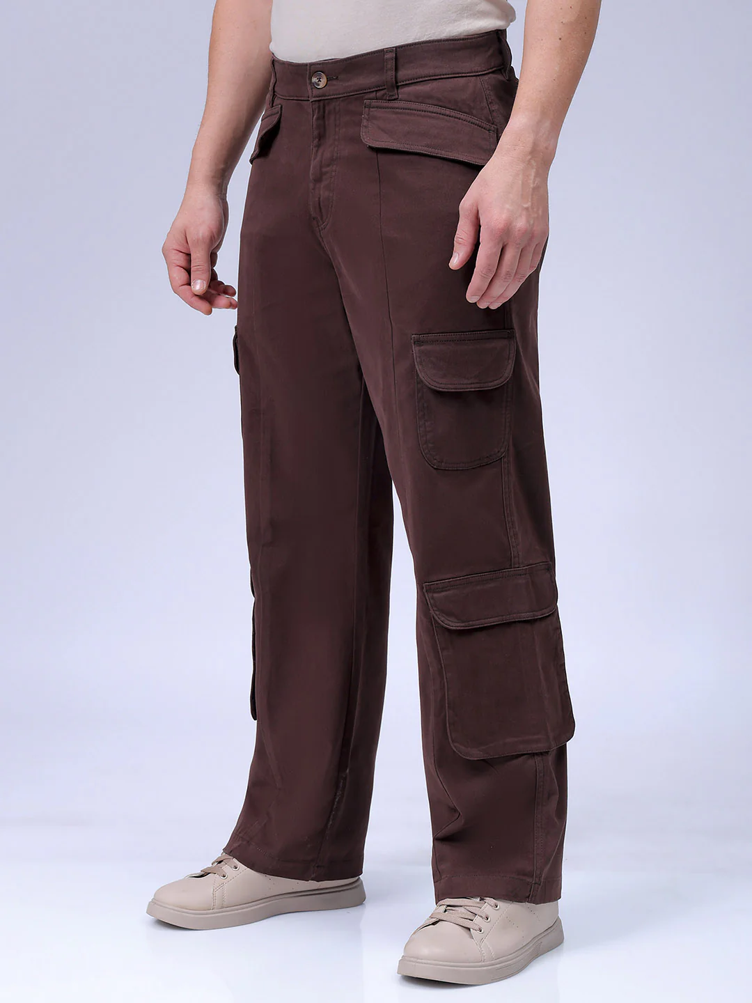 Men's Brown Relaxed Fit Solid Casual Cargo - Image 2