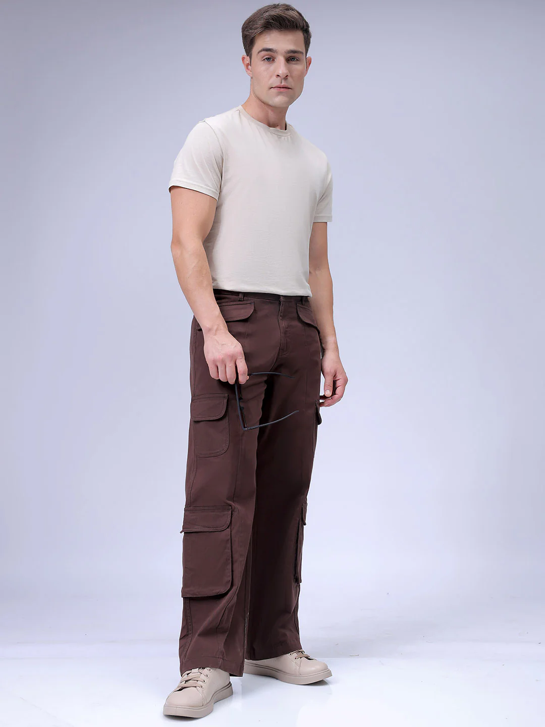 Men's Brown Relaxed Fit Solid Casual Cargo - Image 3