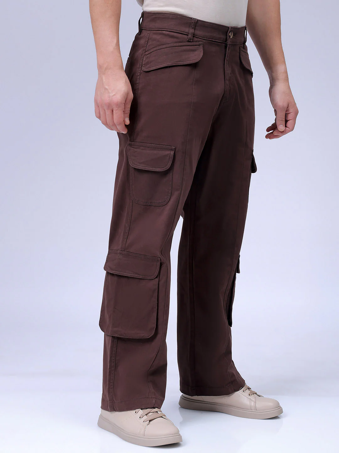 Men's Brown Relaxed Fit Solid Casual Cargo - Image 4