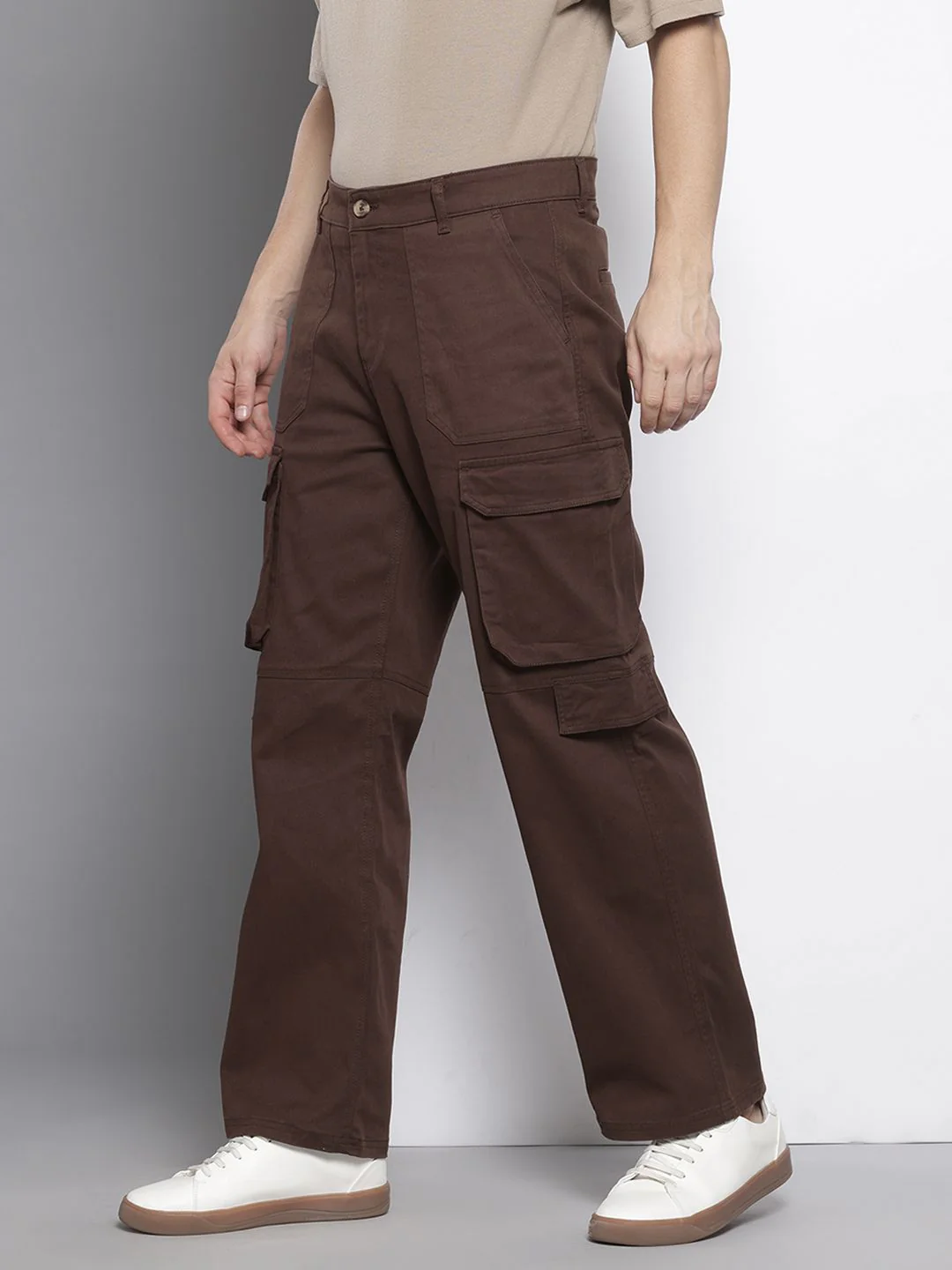 Men's Brown Relaxed Fit Solid Utility Cargo - Image 2