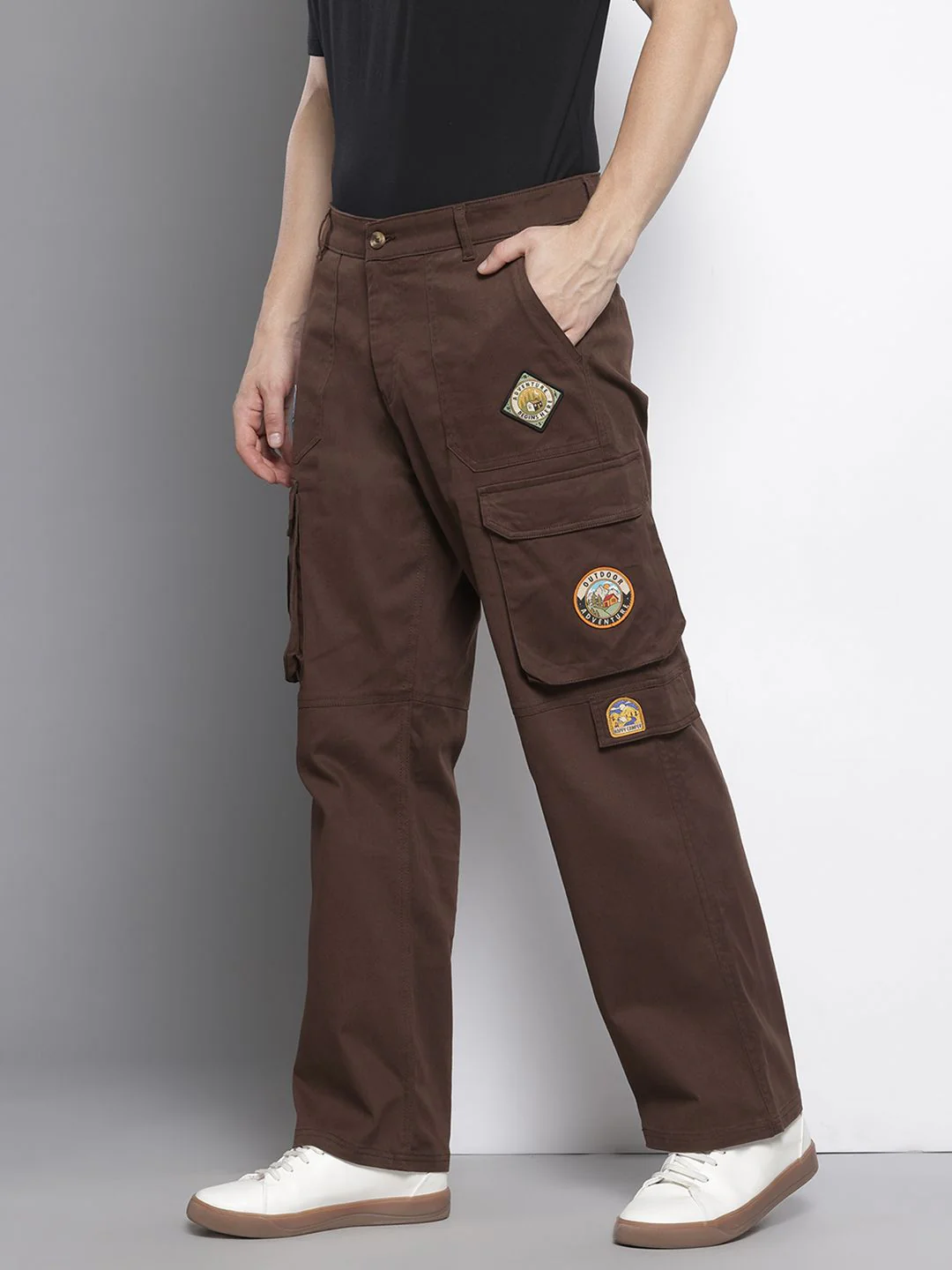 Men's Brown Relaxed Fit Solid Utility Cargo - Image 2