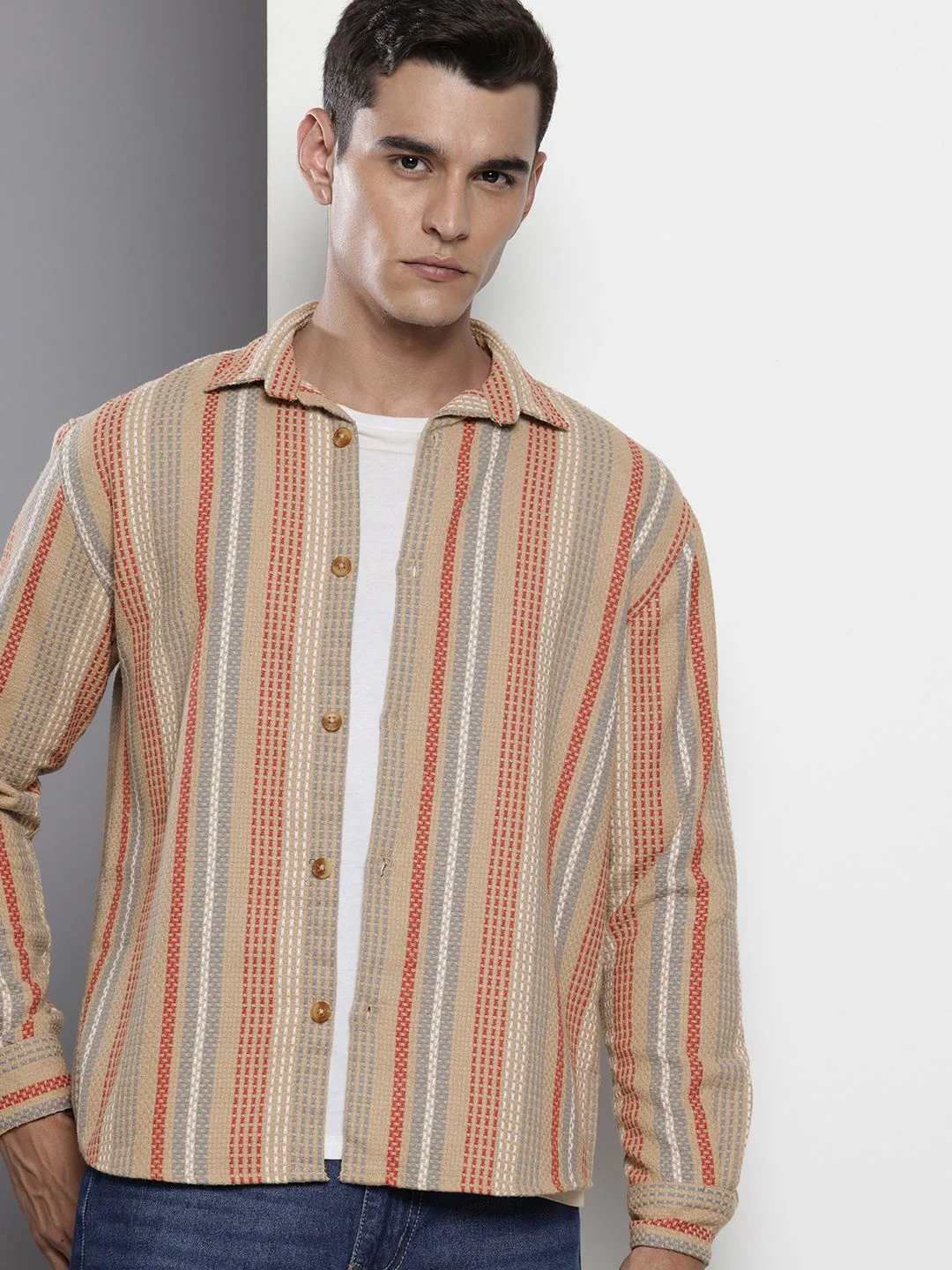 Men's Brown Relaxed Fit Striped Casual Shirt - Image 2