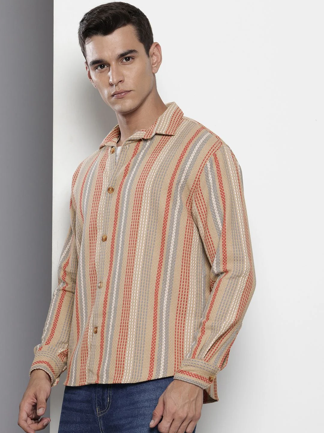 Men's Brown Relaxed Fit Striped Casual Shirt - Image 3