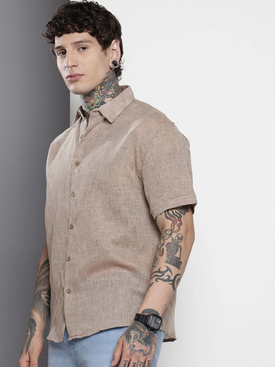 Men's Brown Relaxed Fit Textured Resort Wear Shirt - Image 2