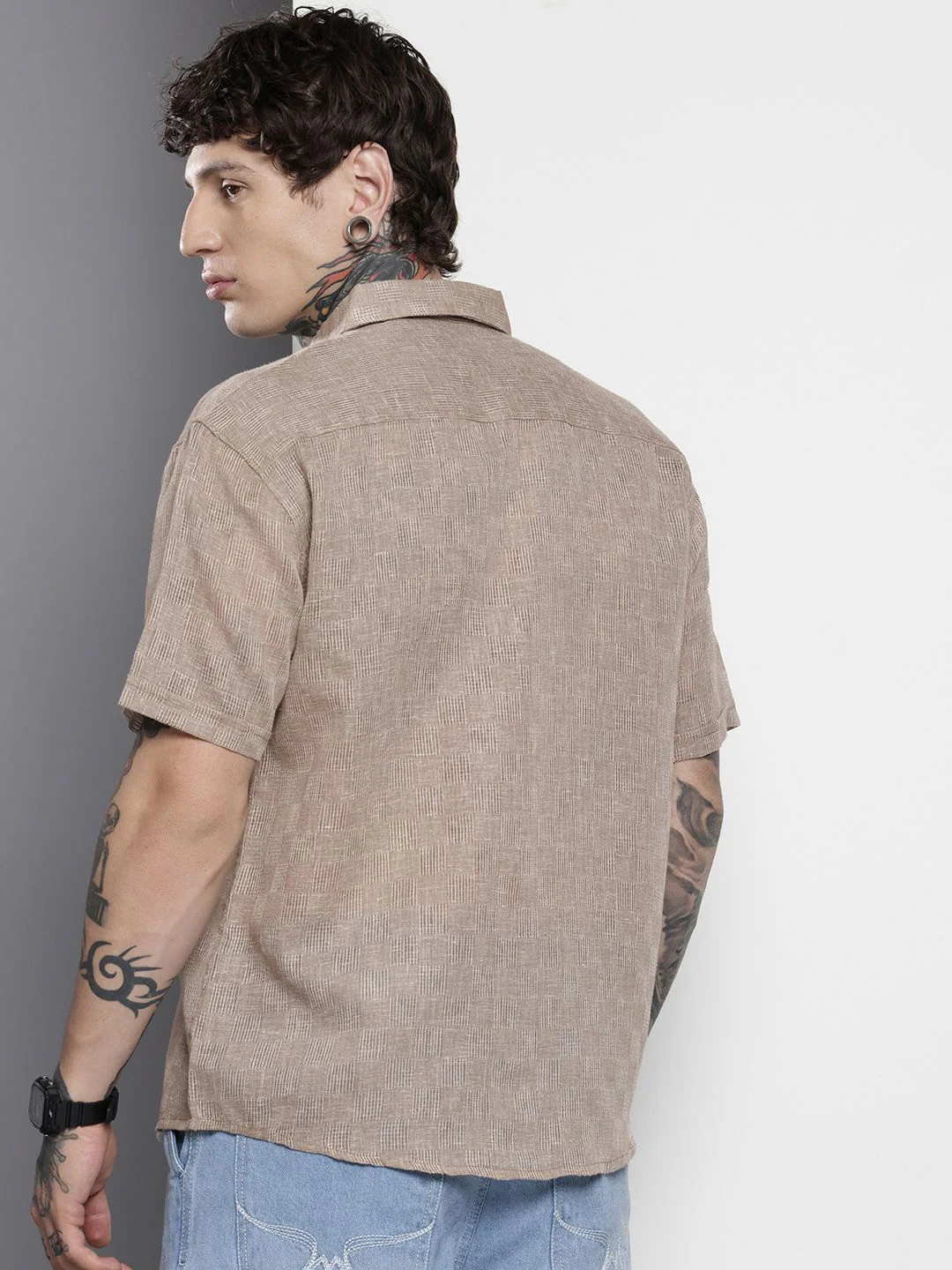 Men's Brown Relaxed Fit Textured Resort Wear Shirt - Image 4