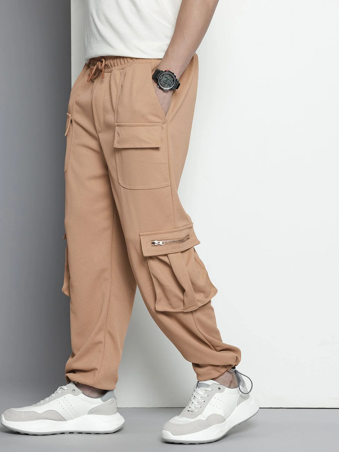 Men's Tan Relaxed Fit Textured Street Wear Jogger - Image 2