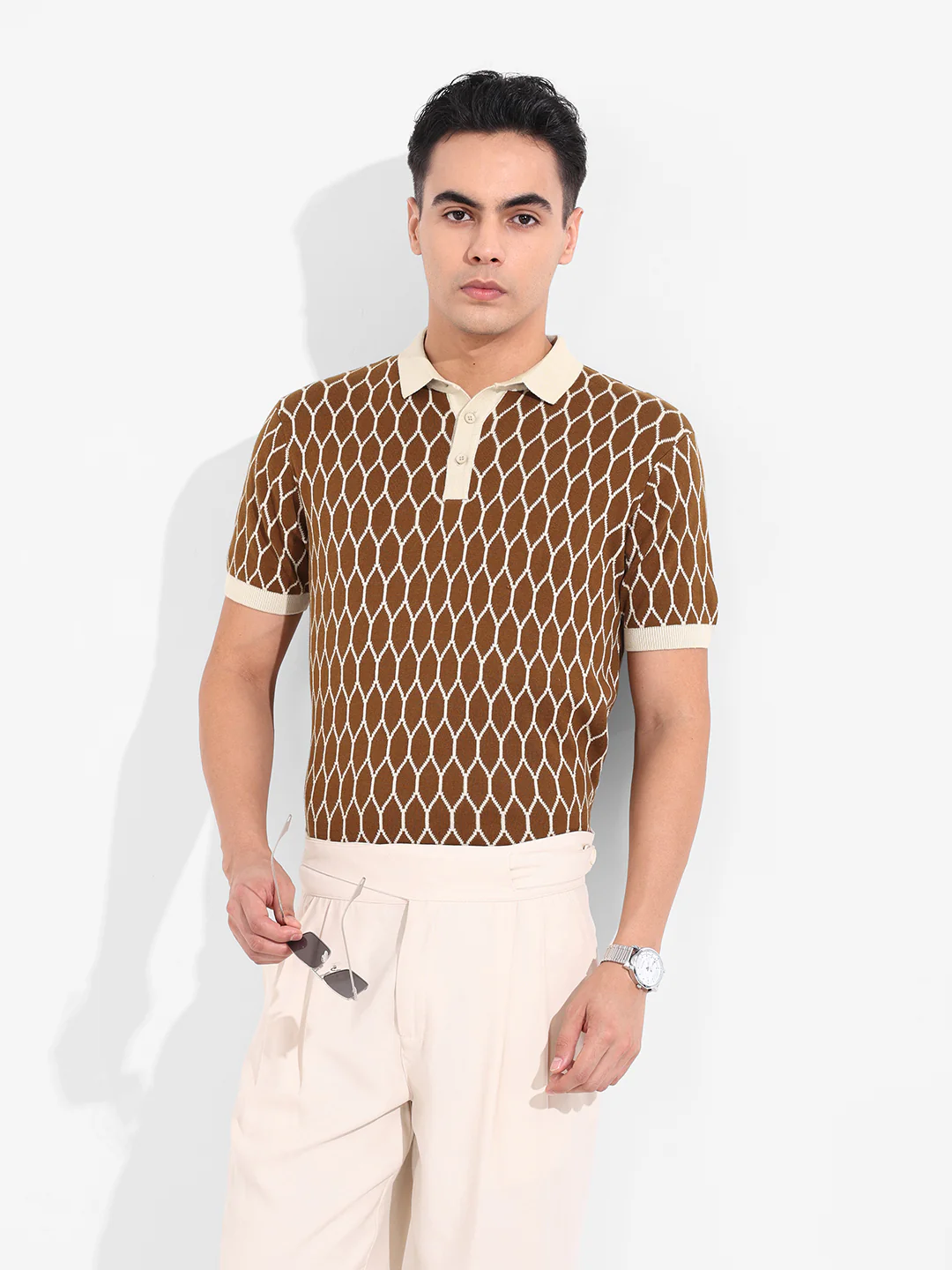 Men's Brown Slim Fit Textured Flat Knit T-Shirt - Image 10