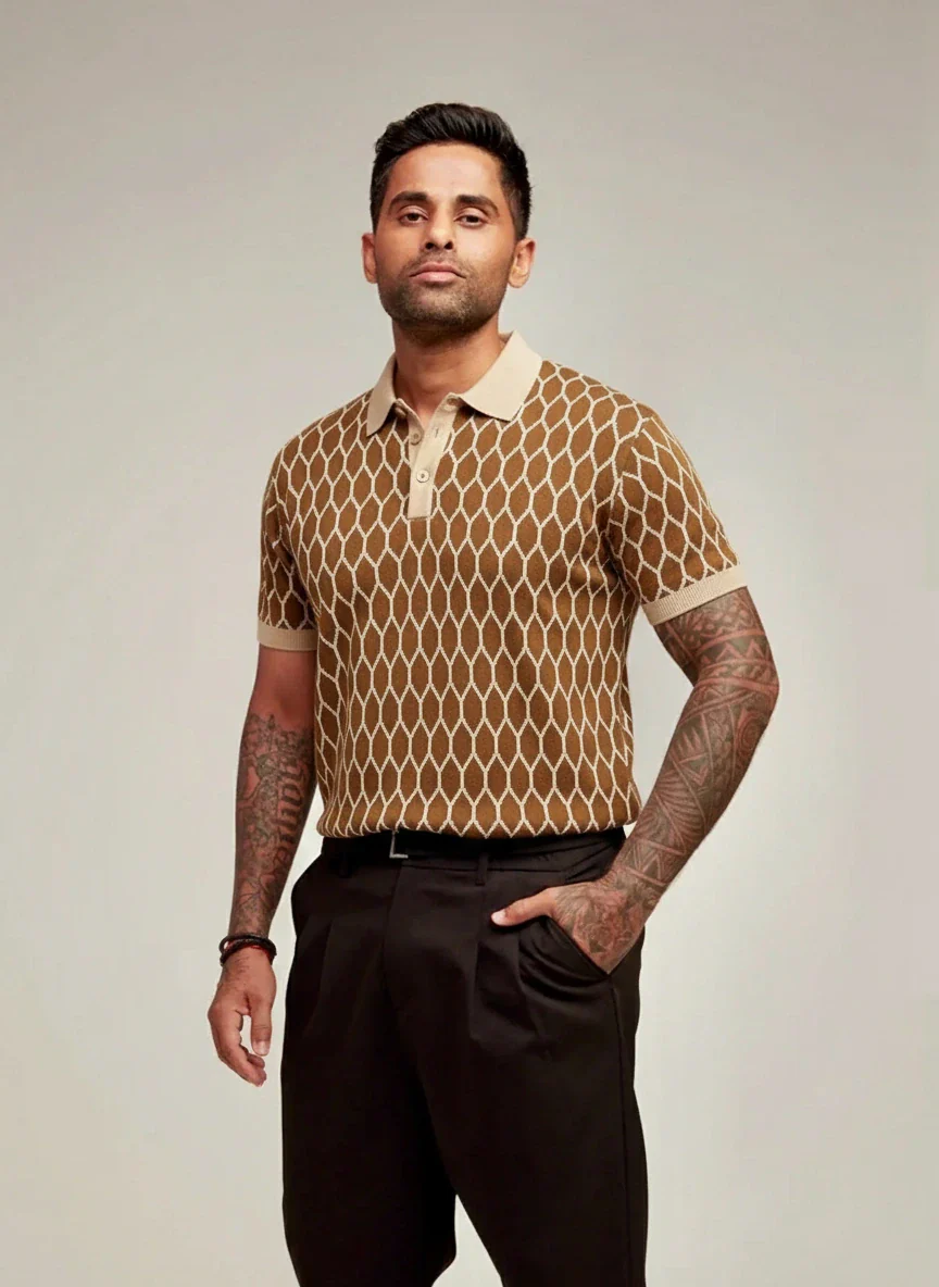 Men's Brown Slim Fit Textured Flat Knit T-Shirt - Image 2
