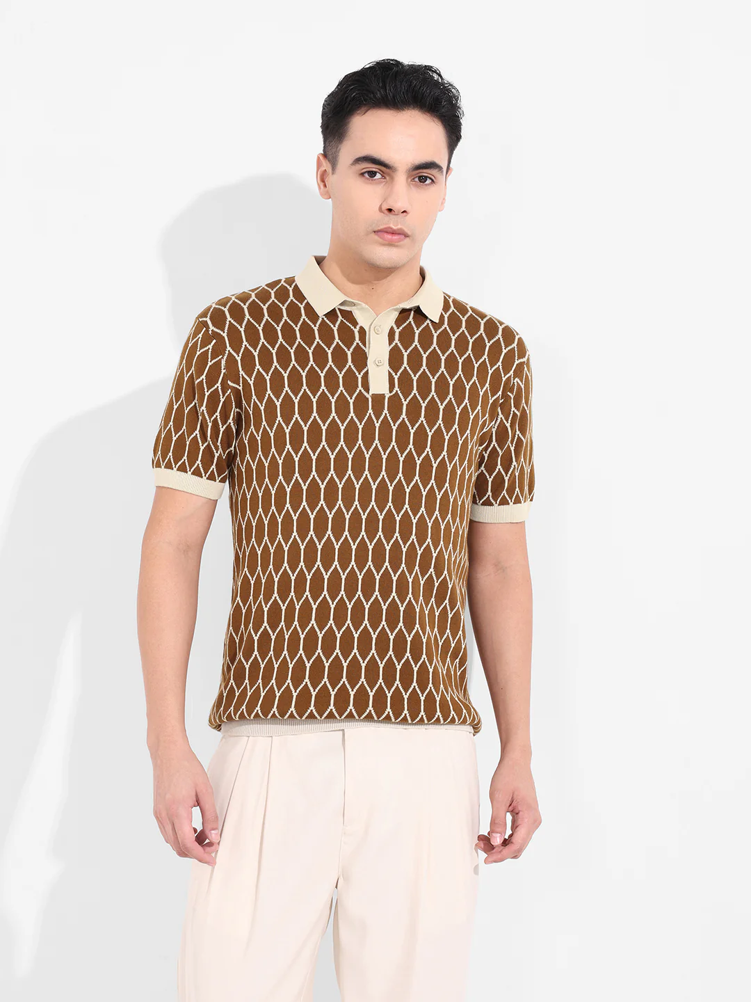 Men's Brown Slim Fit Textured Flat Knit T-Shirt - Image 4