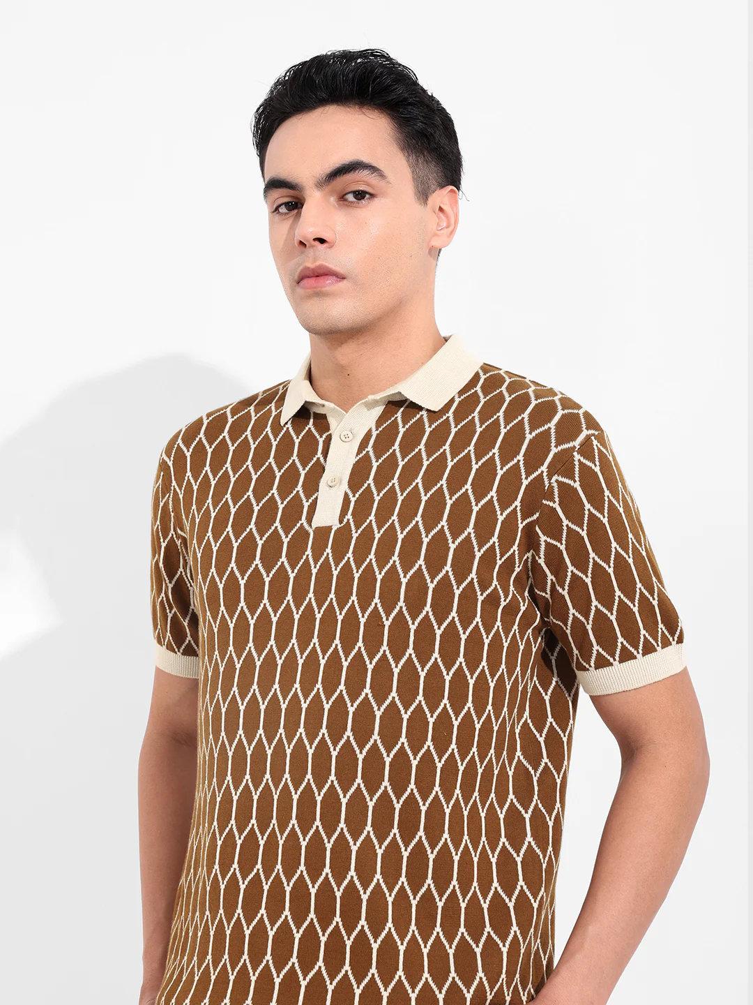 Men's Brown Slim Fit Textured Flat Knit T-Shirt - Image 5