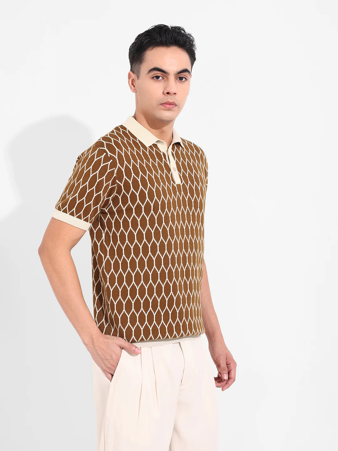 Men's Brown Slim Fit Textured Flat Knit T-Shirt - Image 6