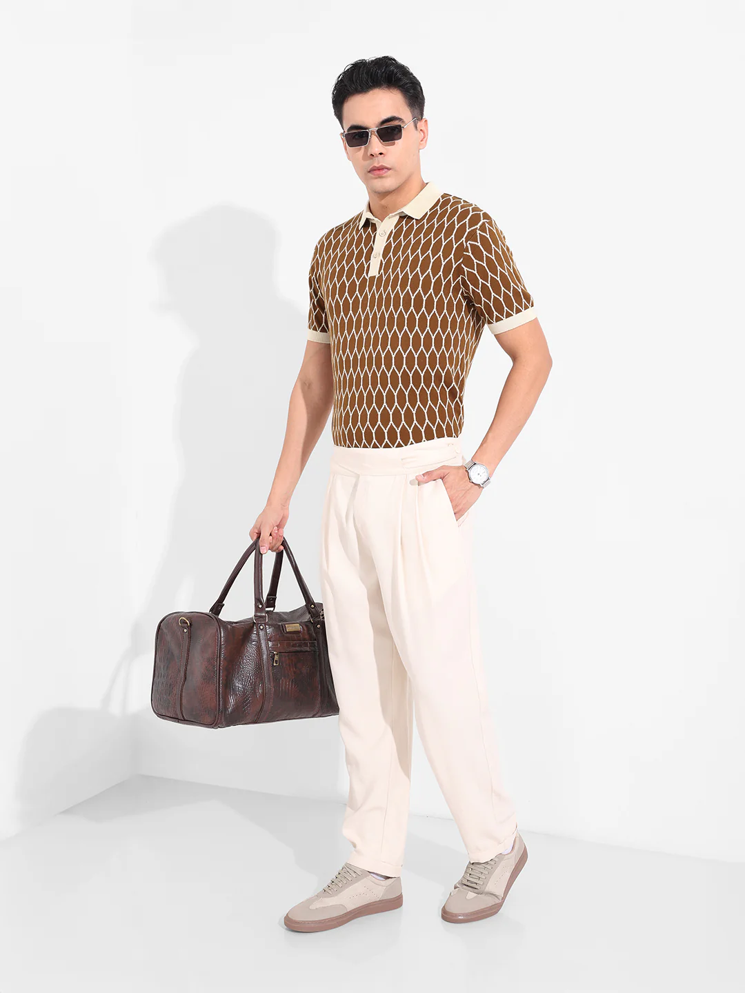 Men's Brown Slim Fit Textured Flat Knit T-Shirt - Image 8