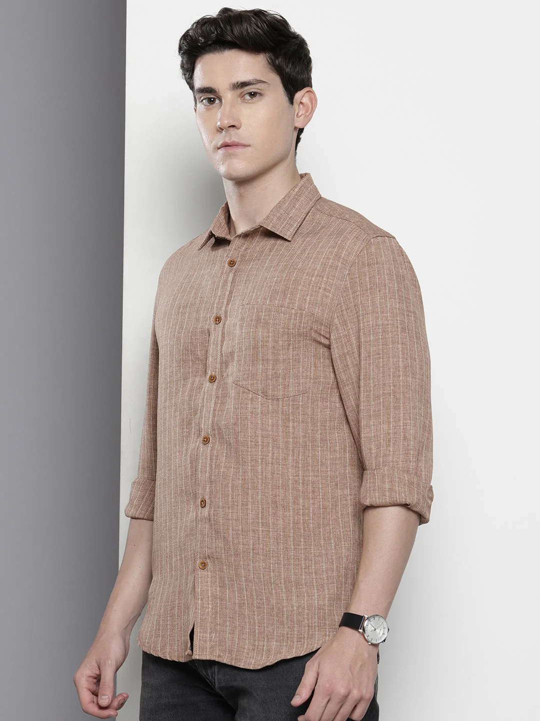 Men's Terracotta Slim Fit Striped Casual Shirt - Image 2