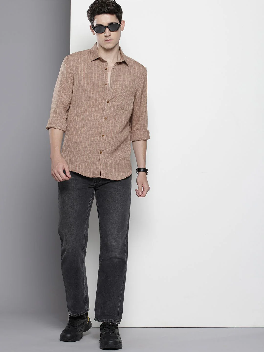 Men's Terracotta Slim Fit Striped Casual Shirt - Image 3