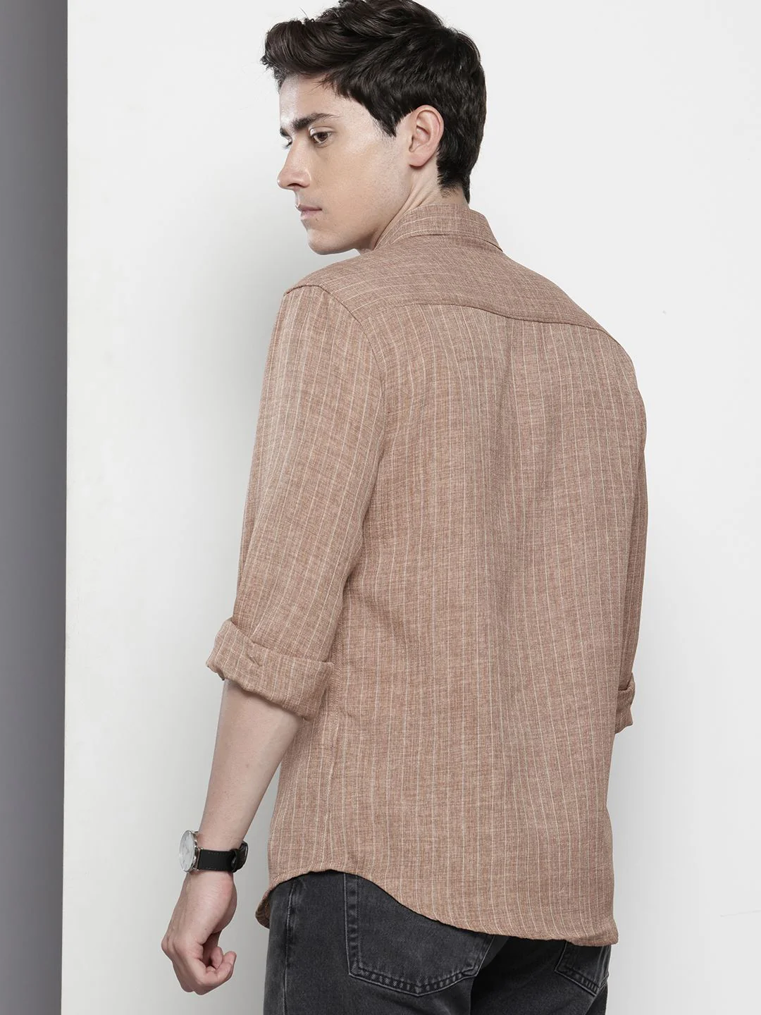 Men's Terracotta Slim Fit Striped Casual Shirt - Image 4