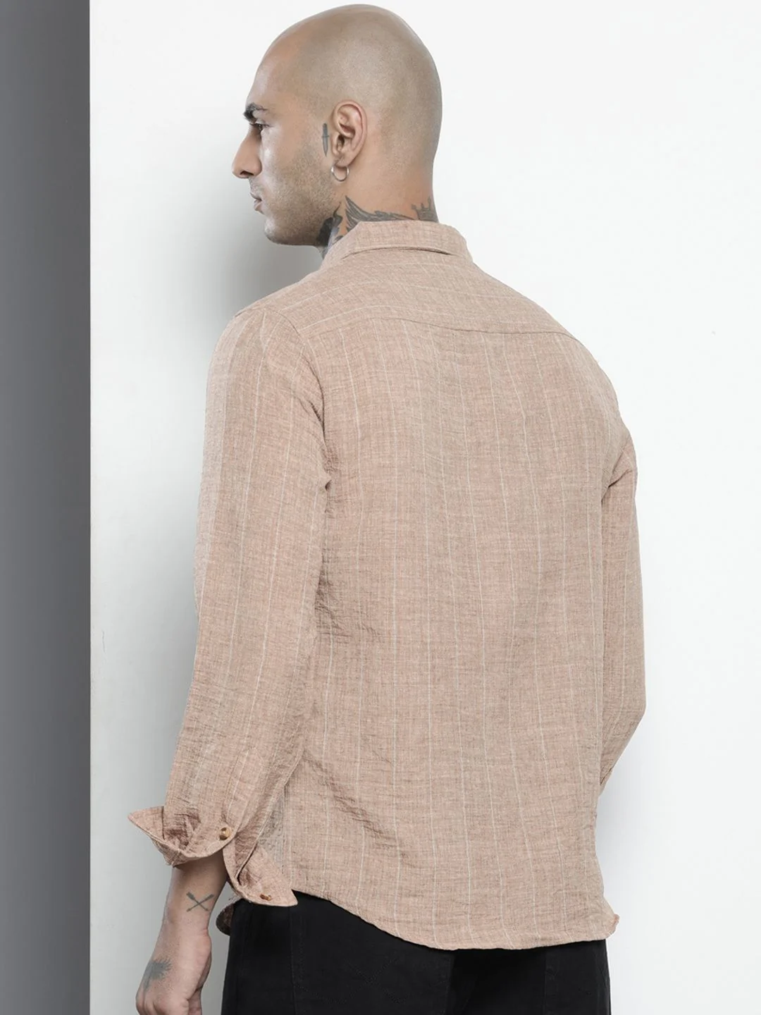 Men's Brown Slim Fit Striped Casual Shirt - Image 3
