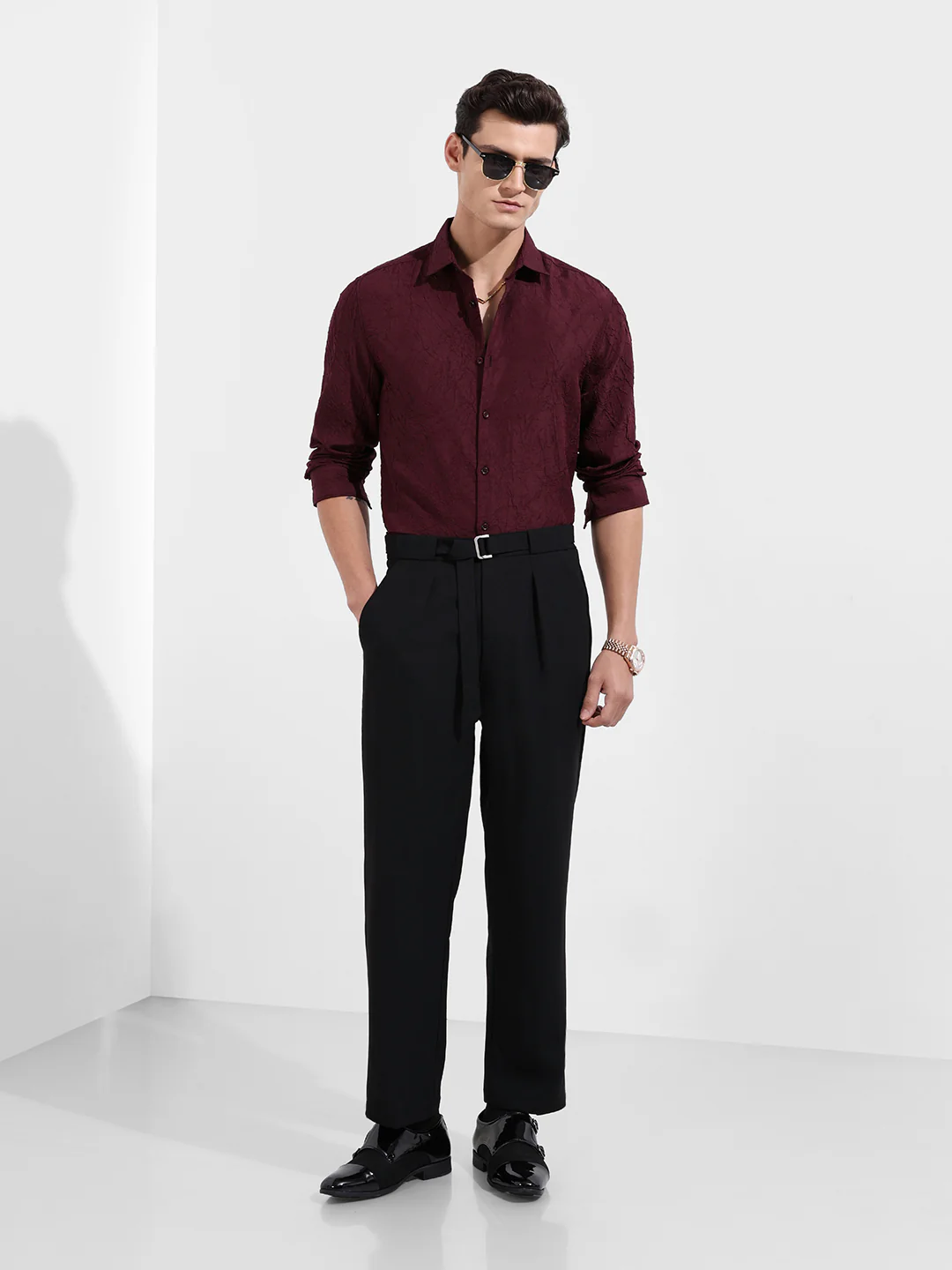 Men's Burgundy Slim Fit Textured Party Wear Shirt - Image 2