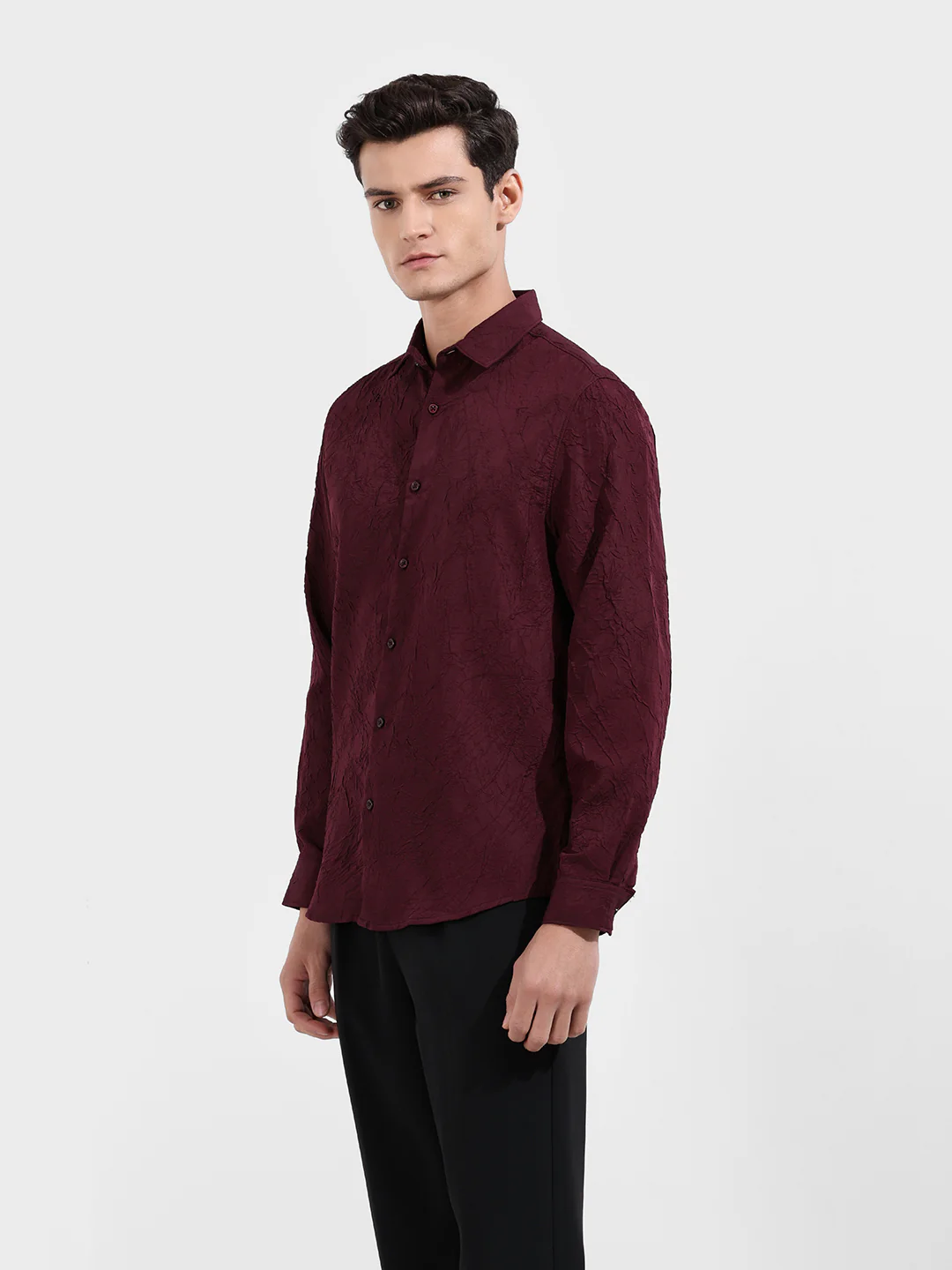 Men's Burgundy Slim Fit Textured Party Wear Shirt - Image 4