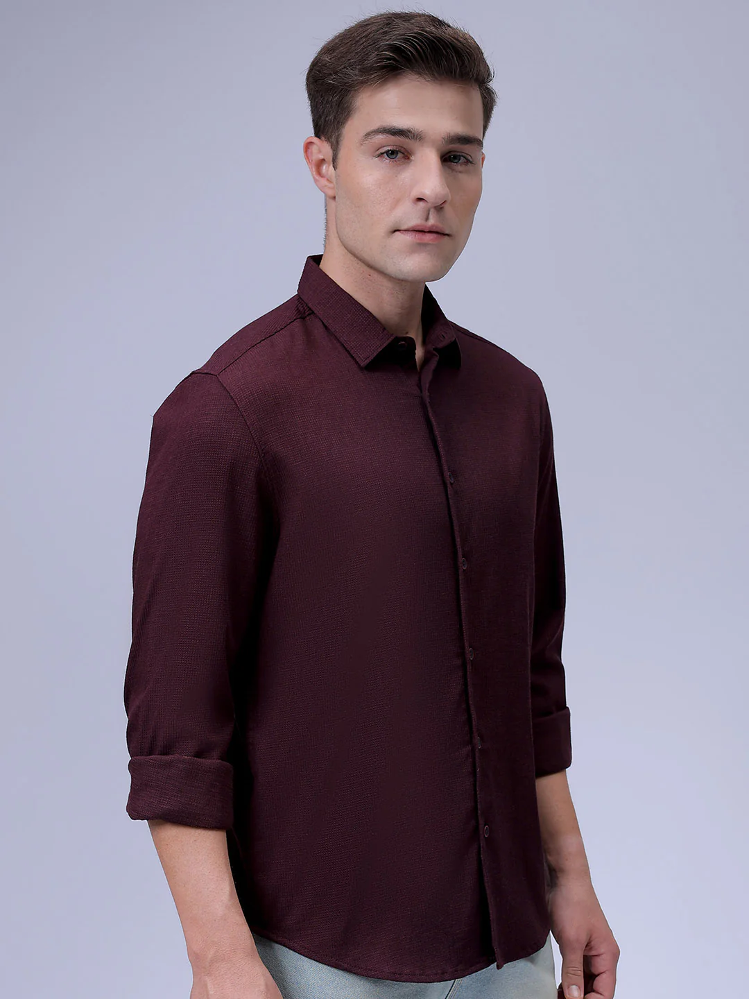 Men's Burgundy Slim Fit Solid Textured Shirt - Image 3