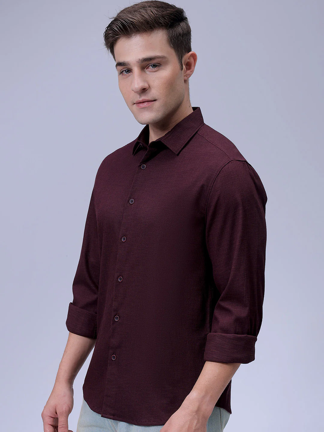 Men's Burgundy Slim Fit Solid Textured Shirt - Image 4