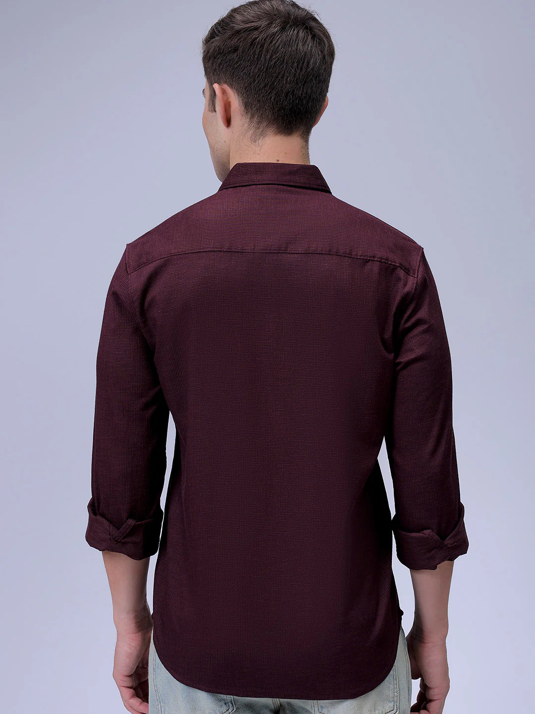 Men's Burgundy Slim Fit Solid Textured Shirt - Image 5