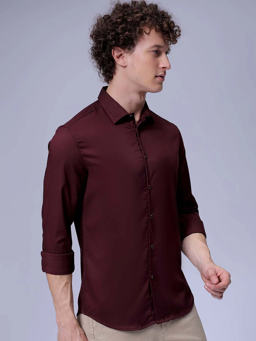 Men's Wine Slim Fit Solid Party Wear Shirt - Image 2