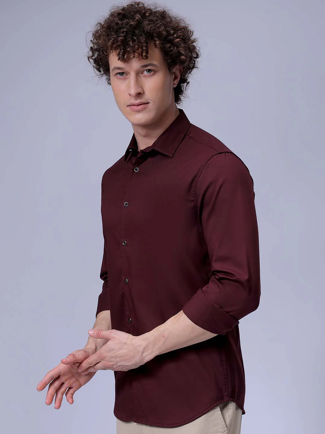 Men's Wine Slim Fit Solid Party Wear Shirt - Image 3
