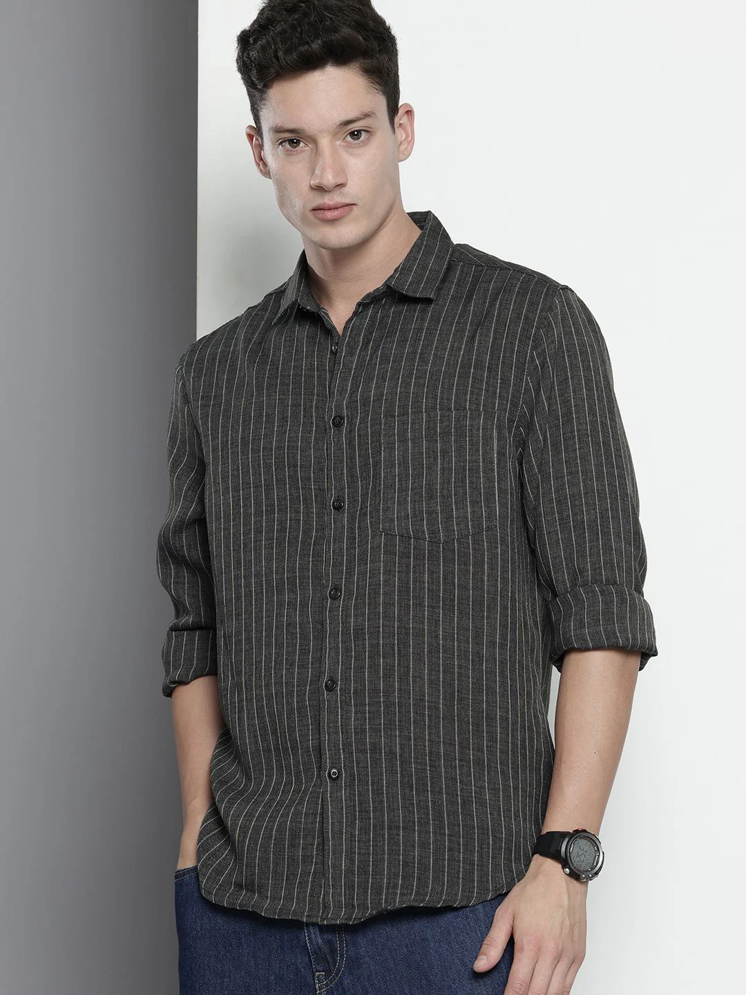 Men's Charcoal Slim Fit Striped Casual Shirt - Image 2