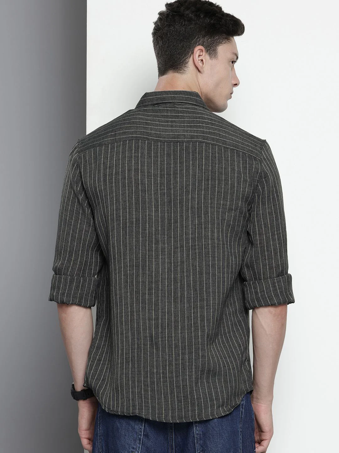 Men's Charcoal Slim Fit Striped Casual Shirt - Image 3