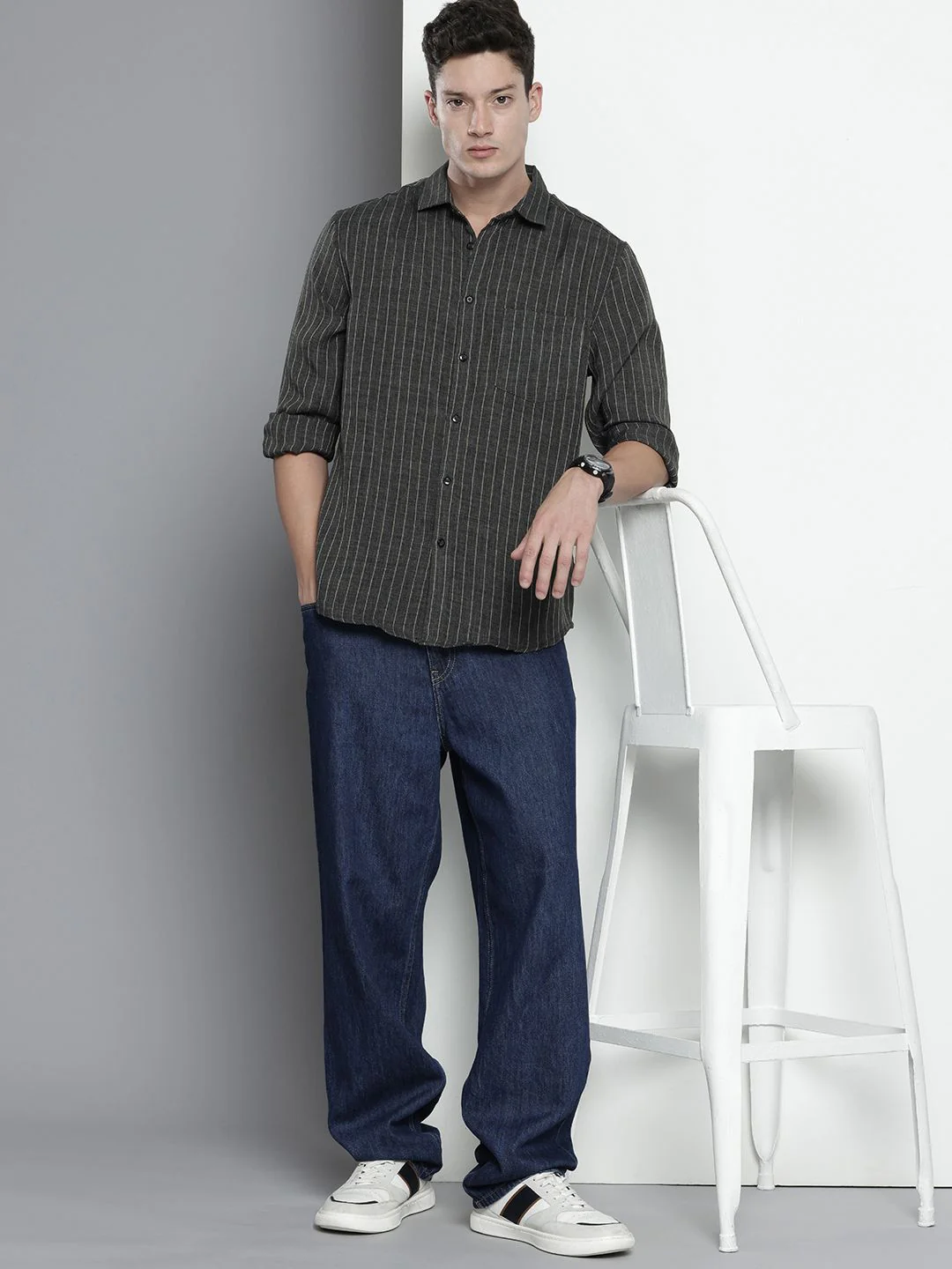 Men's Charcoal Slim Fit Striped Casual Shirt - Image 4