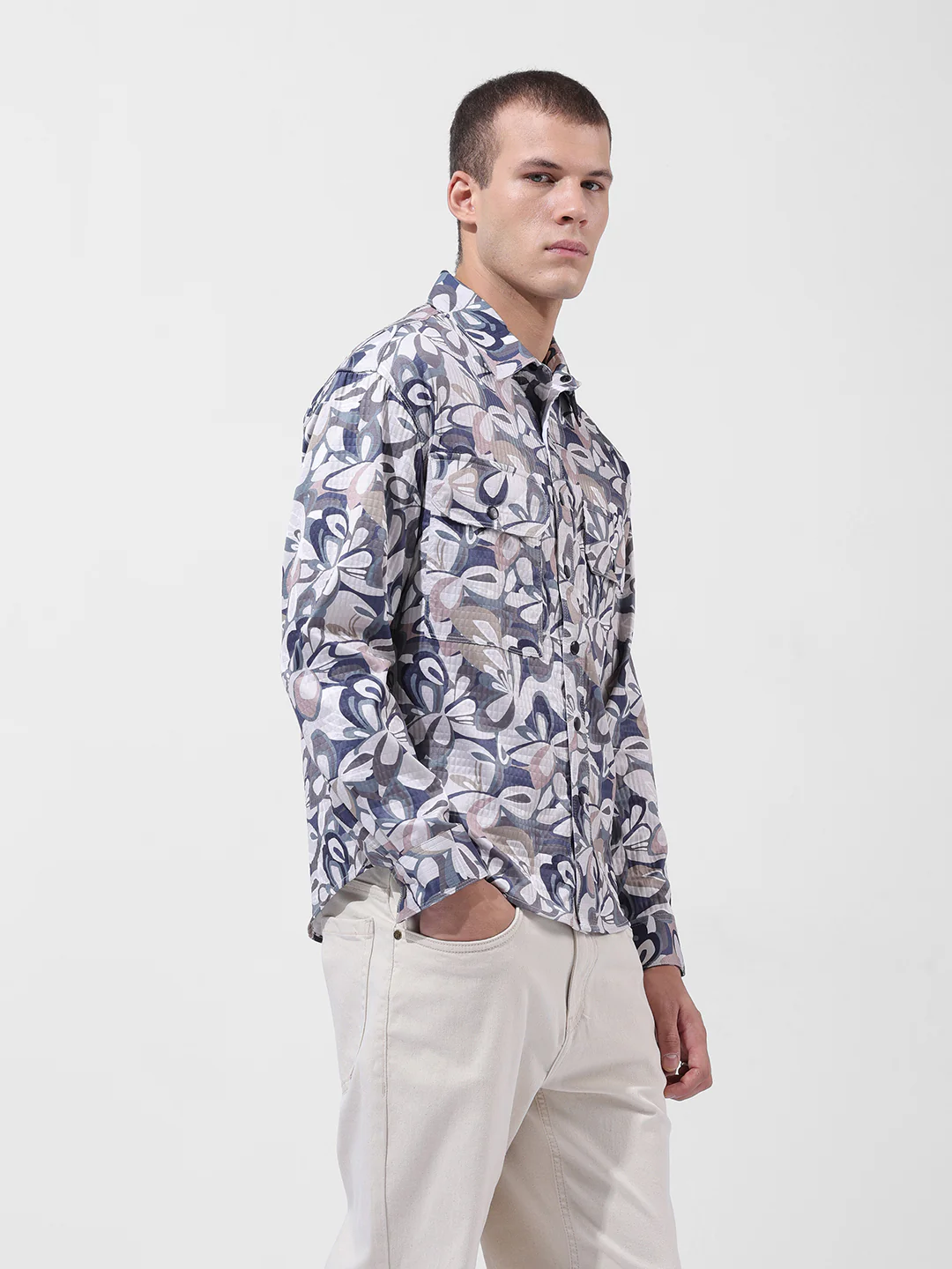Men's Cream Regular Fit Printed Textured Shirt - Image 4