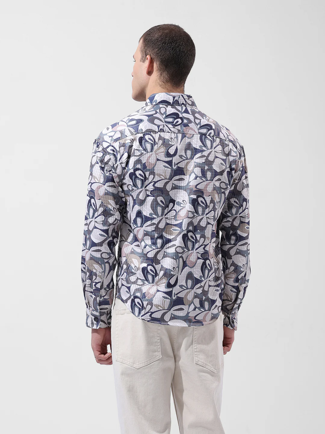 Men's Cream Regular Fit Printed Textured Shirt - Image 5