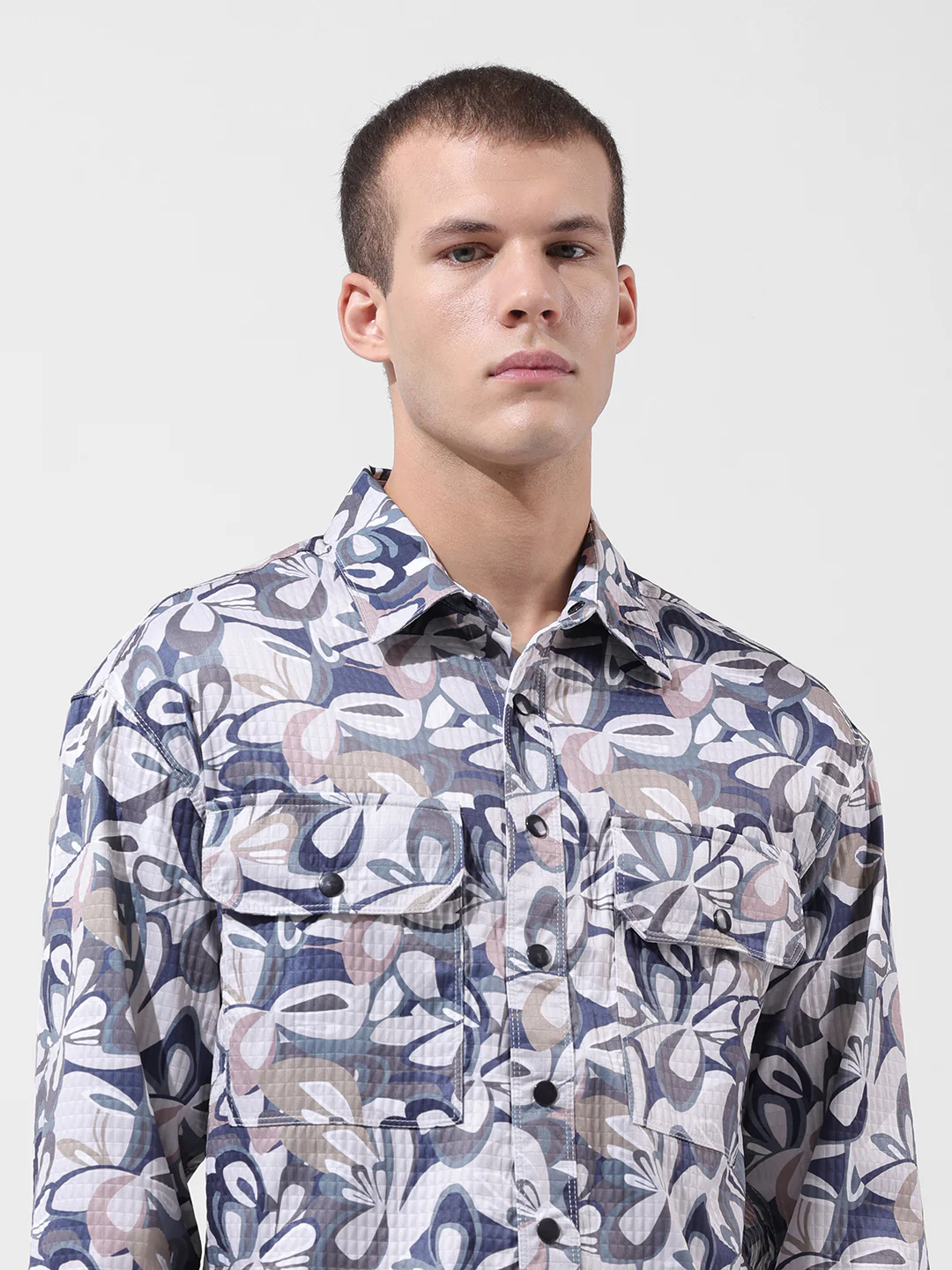 Men's Cream Regular Fit Printed Textured Shirt - Image 6