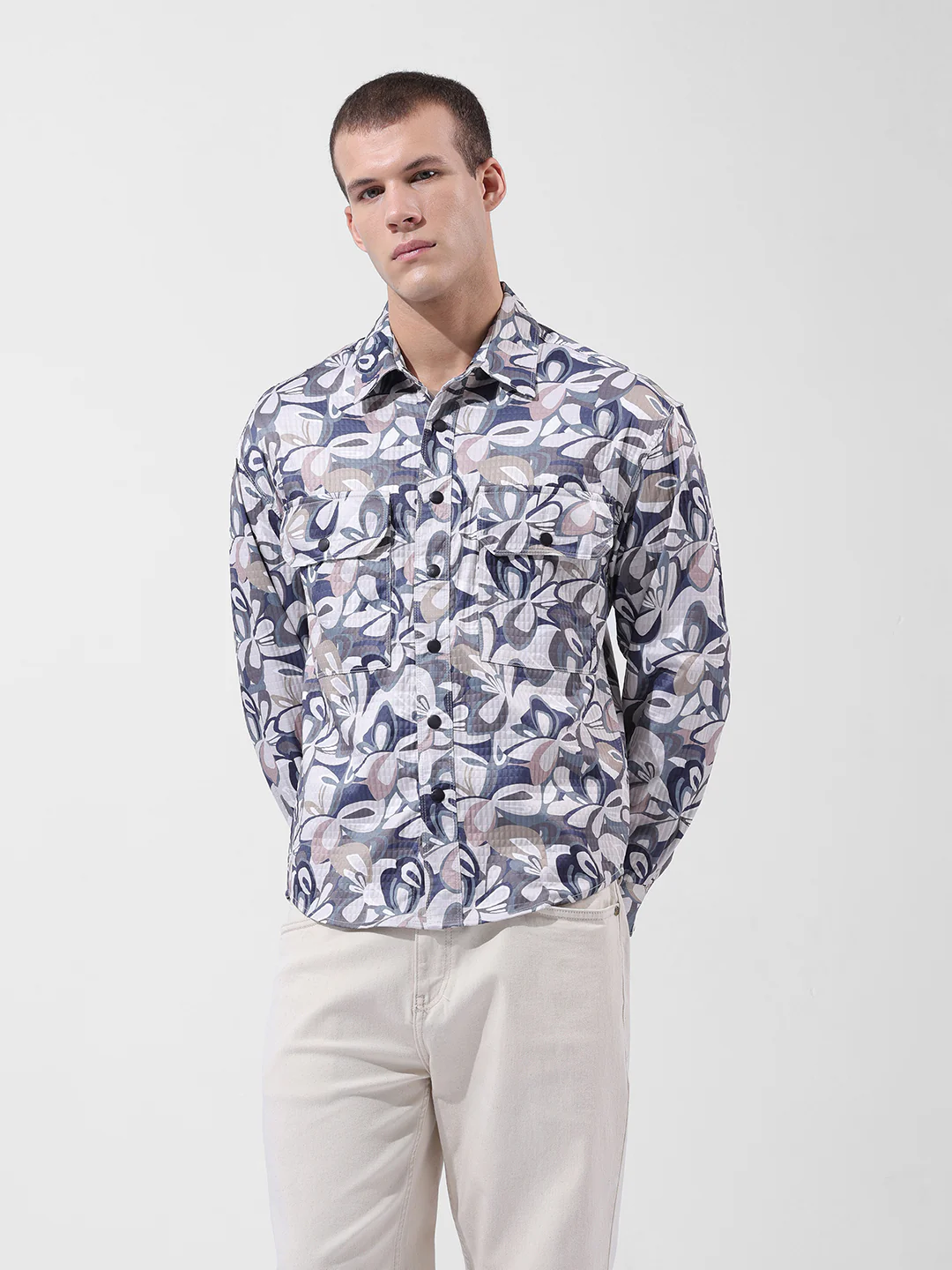 Men's Cream Regular Fit Printed Textured Shirt - Image 7