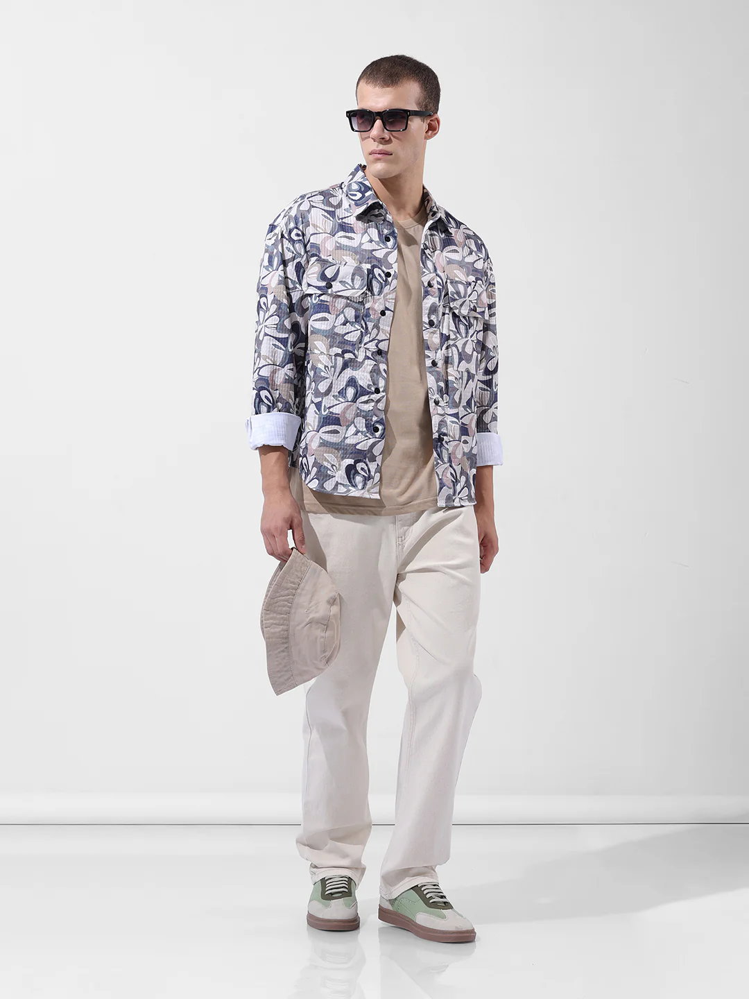 Men's Cream Regular Fit Printed Textured Shirt - Image 8